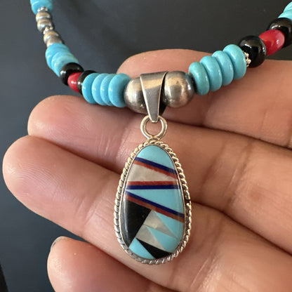 Multicolor Turquoise Coral Navajo Sterling Silver Inlay Pendant Necklace 19648