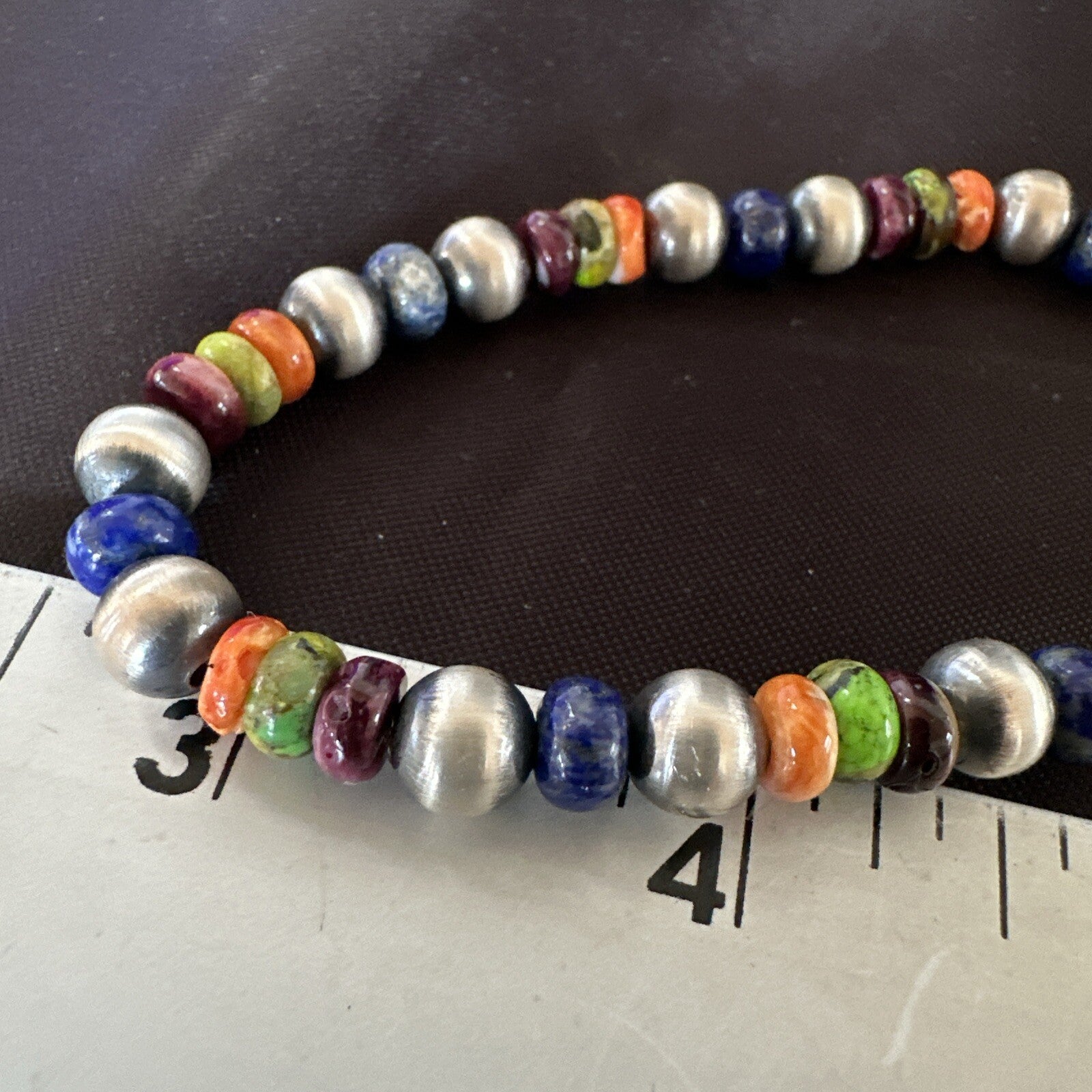 Multicolor Lapis Turquoise Stretch Bead Bracelet Navajo Sterling Silver 17907