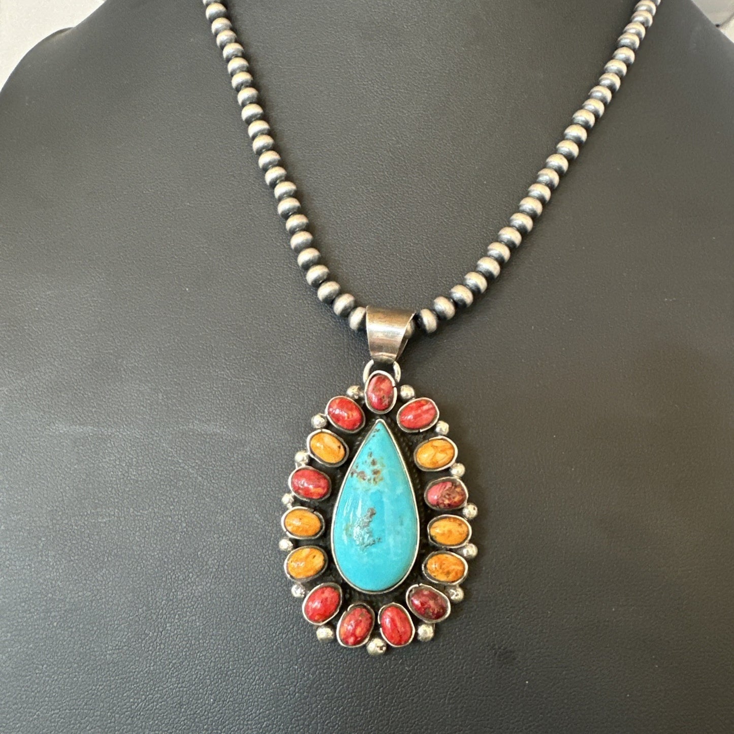 Multicolor Turquoise Spiny Navajo Sterling Silver Cluster Pendant Necklace 19560
