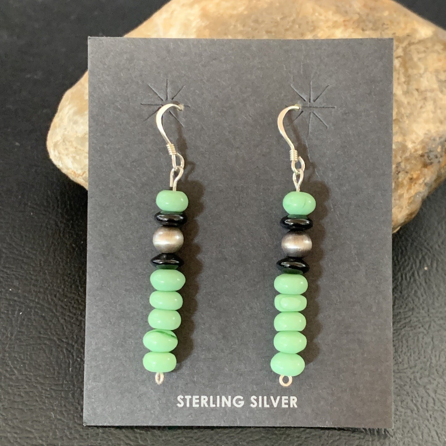 Green Malachite & Black Onyx Navajo Sterling Silver Beads Earrings 04486