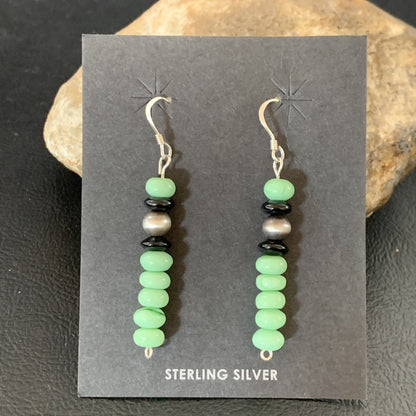 Green Malachite & Black Onyx Navajo Sterling Silver Beads Earrings 04486