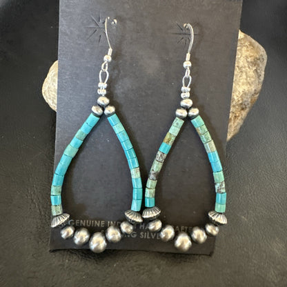 Blue Turquoise Heishi Sterling Silver Beads Navajo Beads Earrings 2" 17873