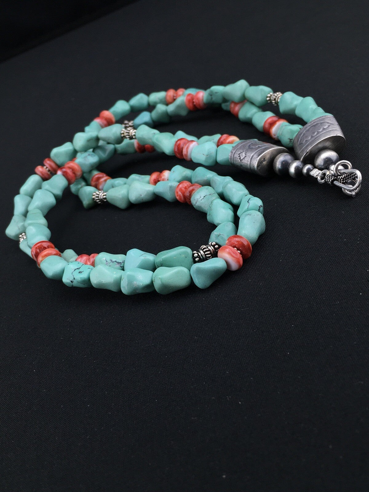 Native Turquoise Spiny Sterling Silver Nugget Bead 2 Strands Necklace 22" 01352