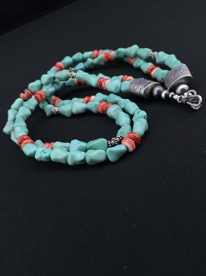 Native Turquoise Spiny Sterling Silver Nugget Bead 2 Strands Necklace 22" 01352