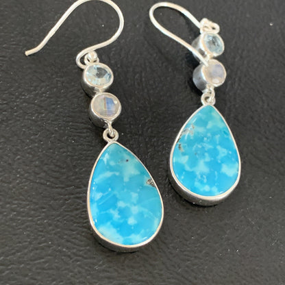 Womens Blue Kingman Turquoise Navajo Sterling Silver Earrings 12034