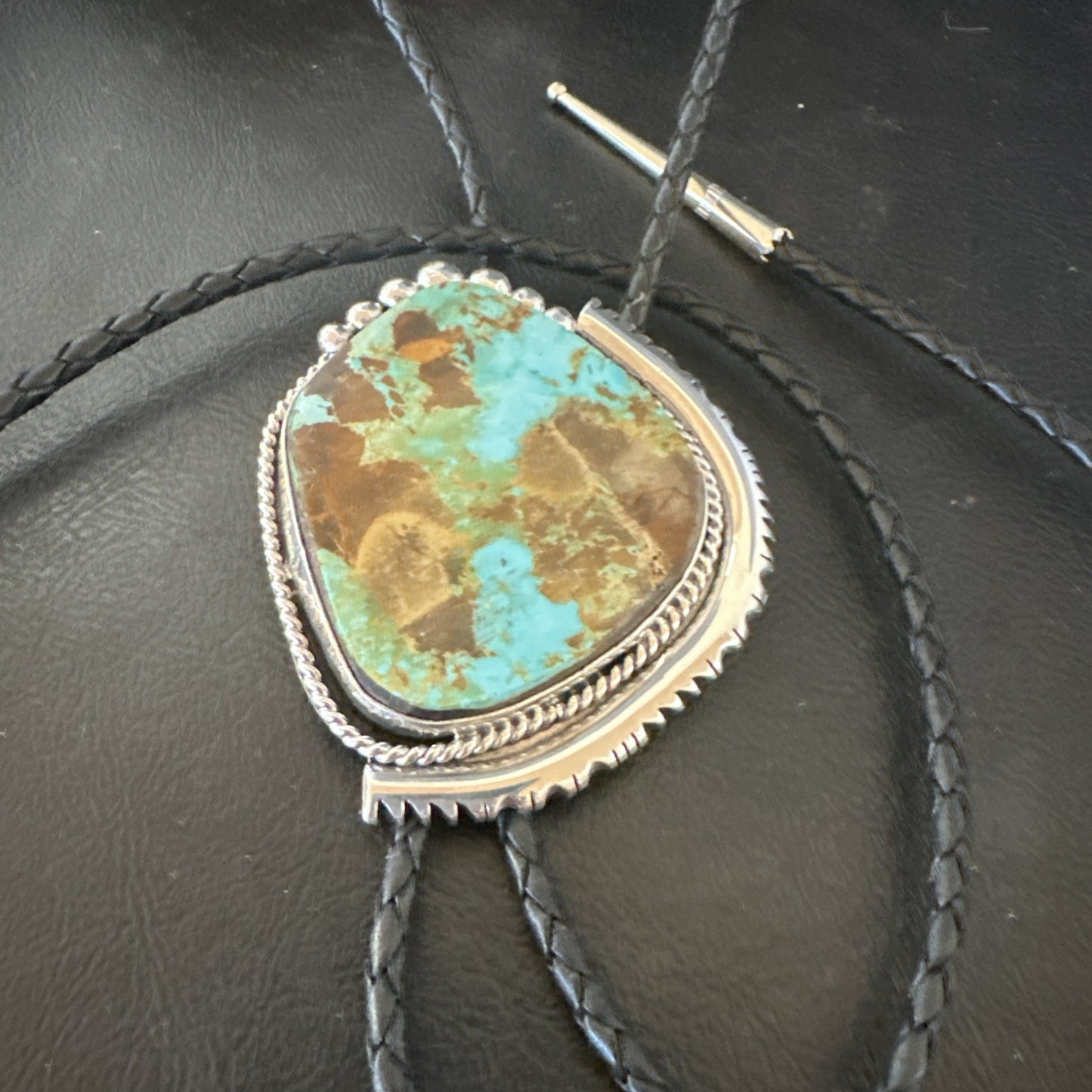 Native Mens Blue Green Royston Turquoise Bolo Tie Sterling Silver Navajo 19752