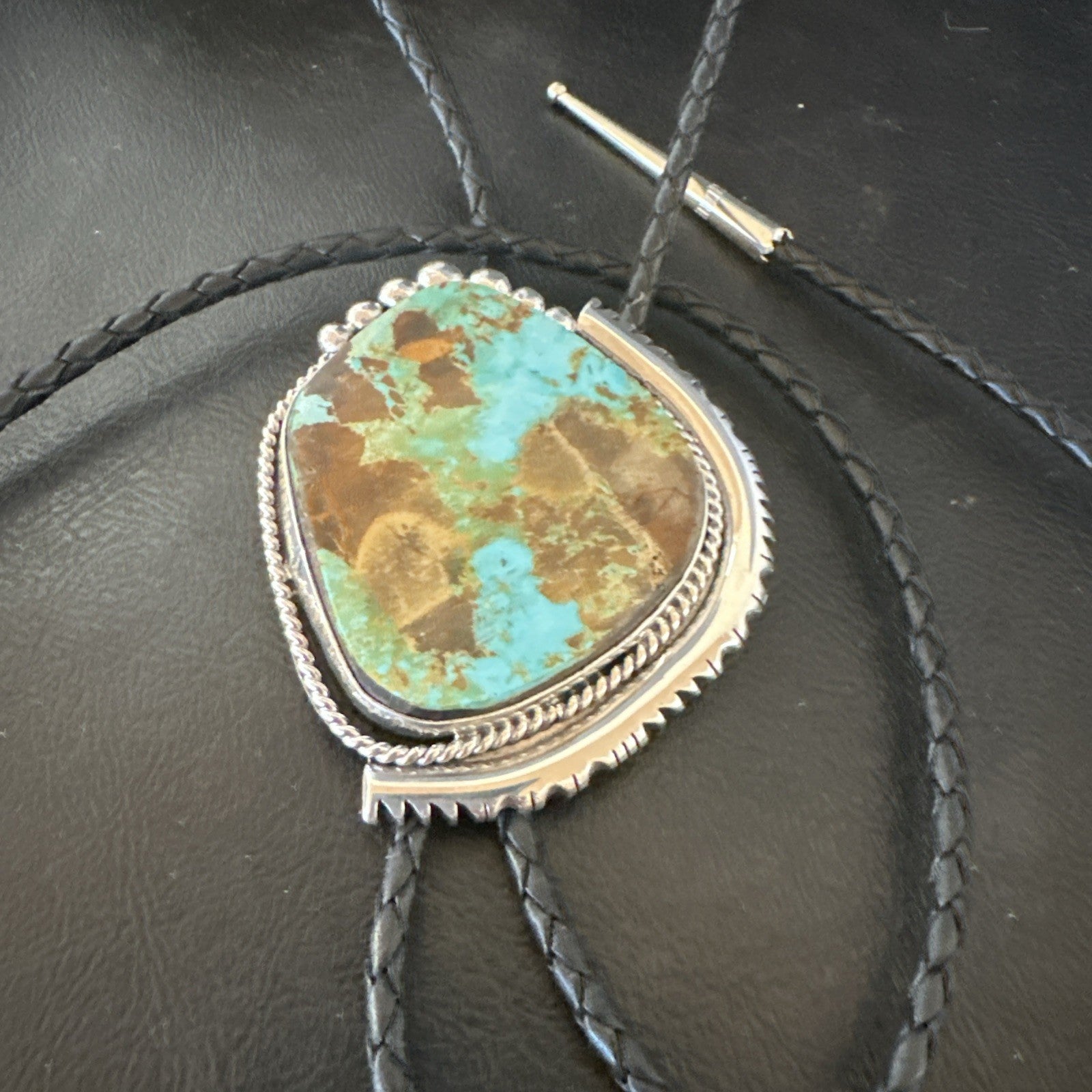 Native Mens Blue Green Royston Turquoise Bolo Tie Sterling Silver Navajo 19752