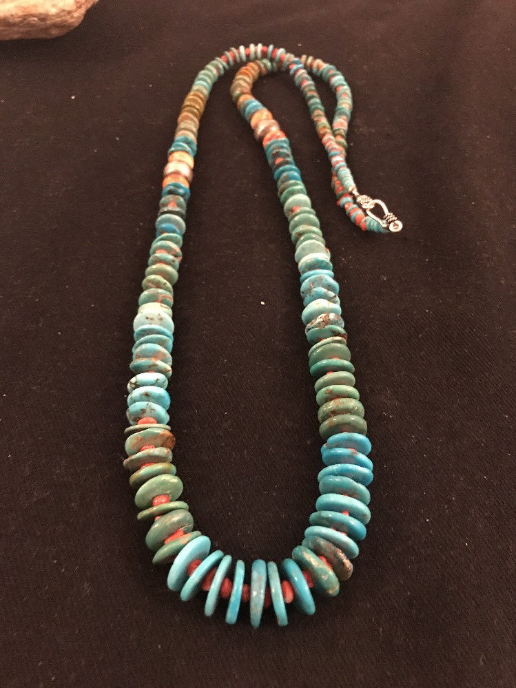 Kingman Turquoise Navajo Sterling Silver Spiny Necklace 32” 3684