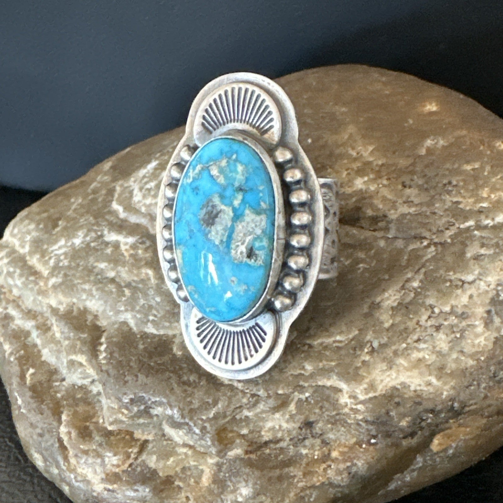 WoMens Blue Kingman Turquoise Navajo Sterling Silver Adjustable Ring Sz 8 19418