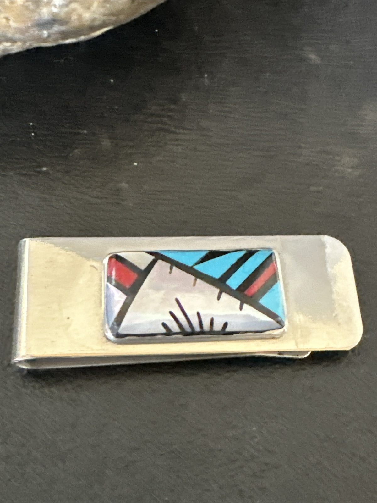 A Zuni Mens Turquoise Spiny Inlay Stainless Sterling Silver Money Clip 17833