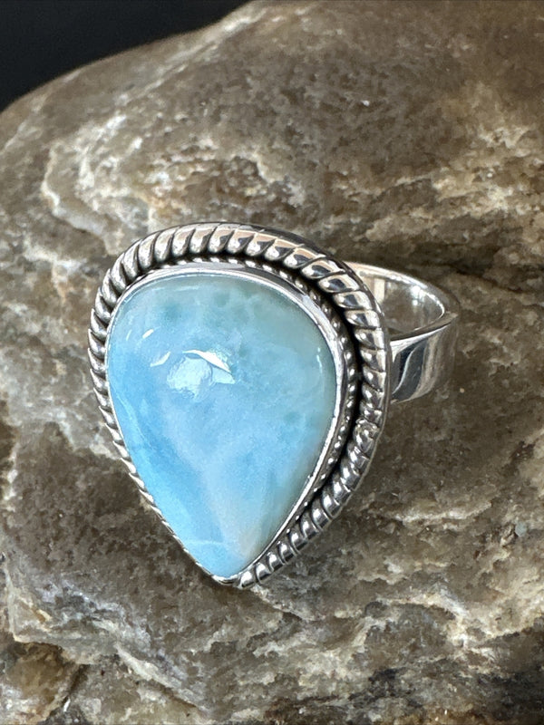 Women's Blue Larimar Navajo Ring Size 9 | Sterling Silver | Authentic Native American Handmade | 17675