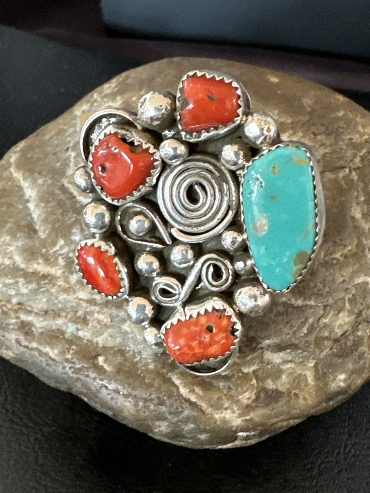 Navajo Blue Turquoise Coral Ring Multi-Stone Cluster Sz 9.5 19778