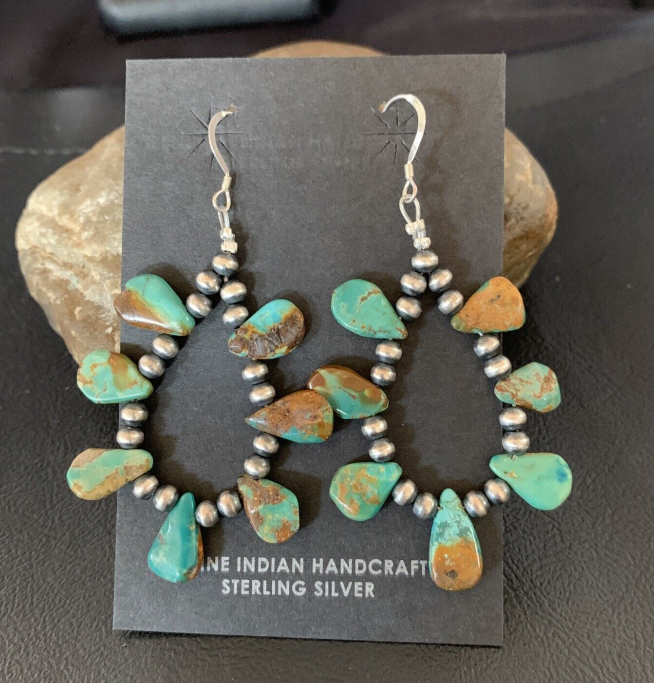 Navajo Green Cluster Turquoise Bead Sterling Earrings Native American 13371