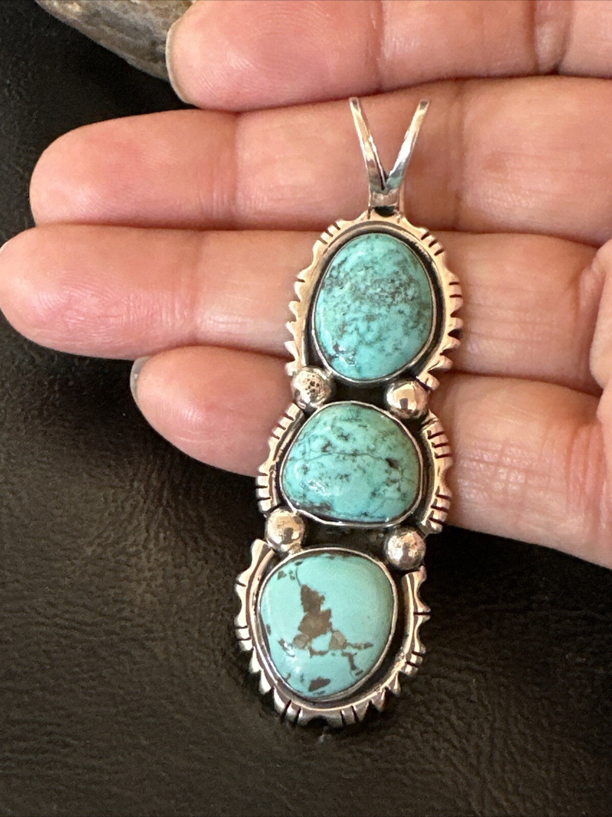 Blue Turquoise 3 Stone Navajo Sterling Silver Cluster Pendant Only 18309