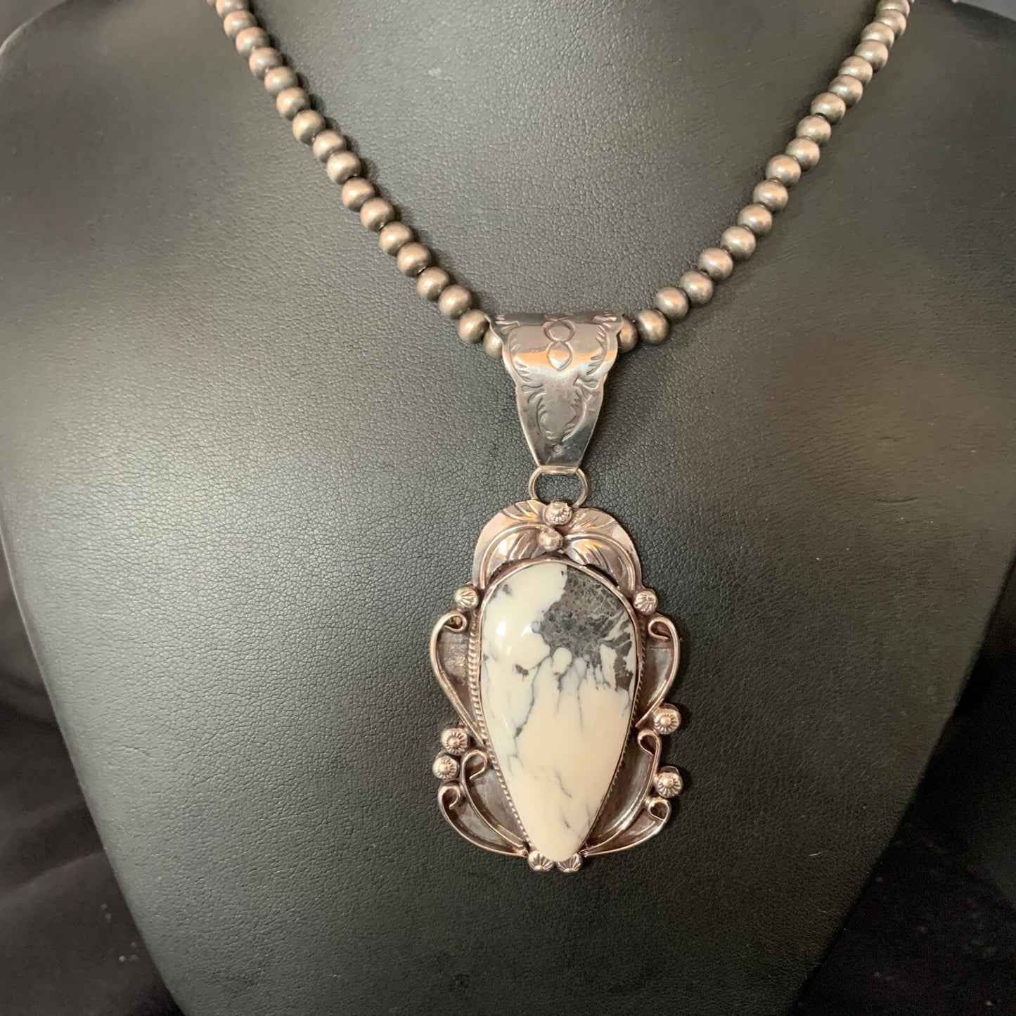 White Buffalo Turquoise Pendant Necklace Sterling Silver Navajo 13994