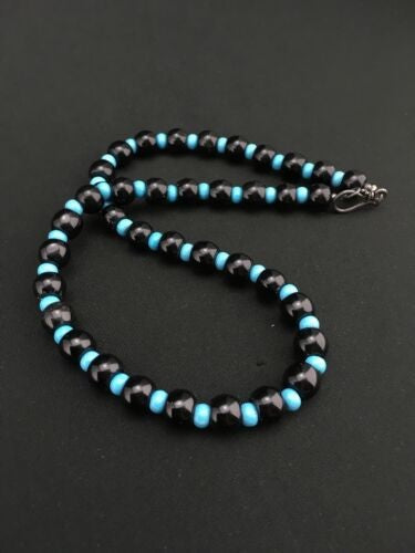 Navajo Black Onyx & Turquoise Bead Necklace Sterling Silver 18" 4882
