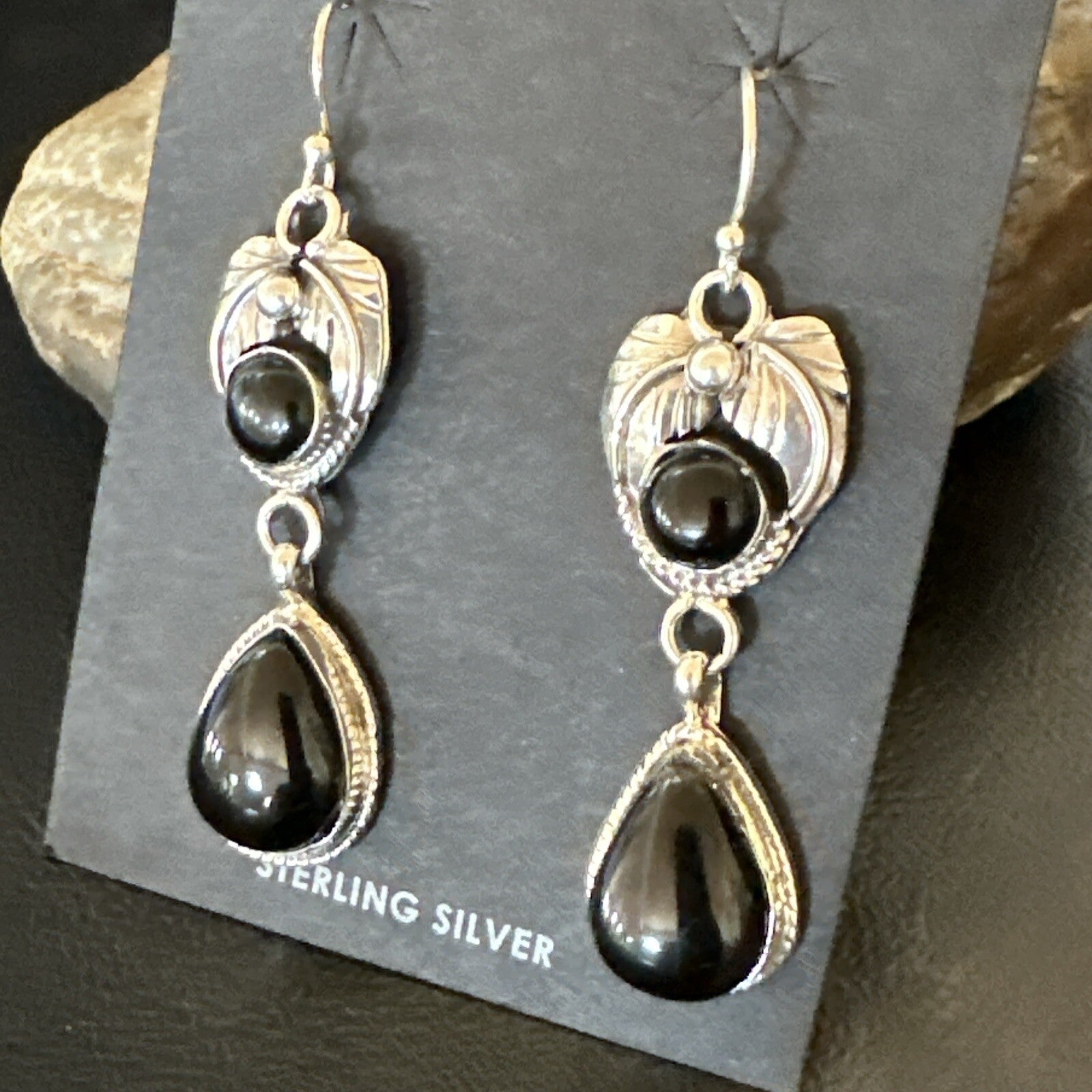 Black Onyx Navajo Sterling Silver Dangle Earrings 1.5" 18287