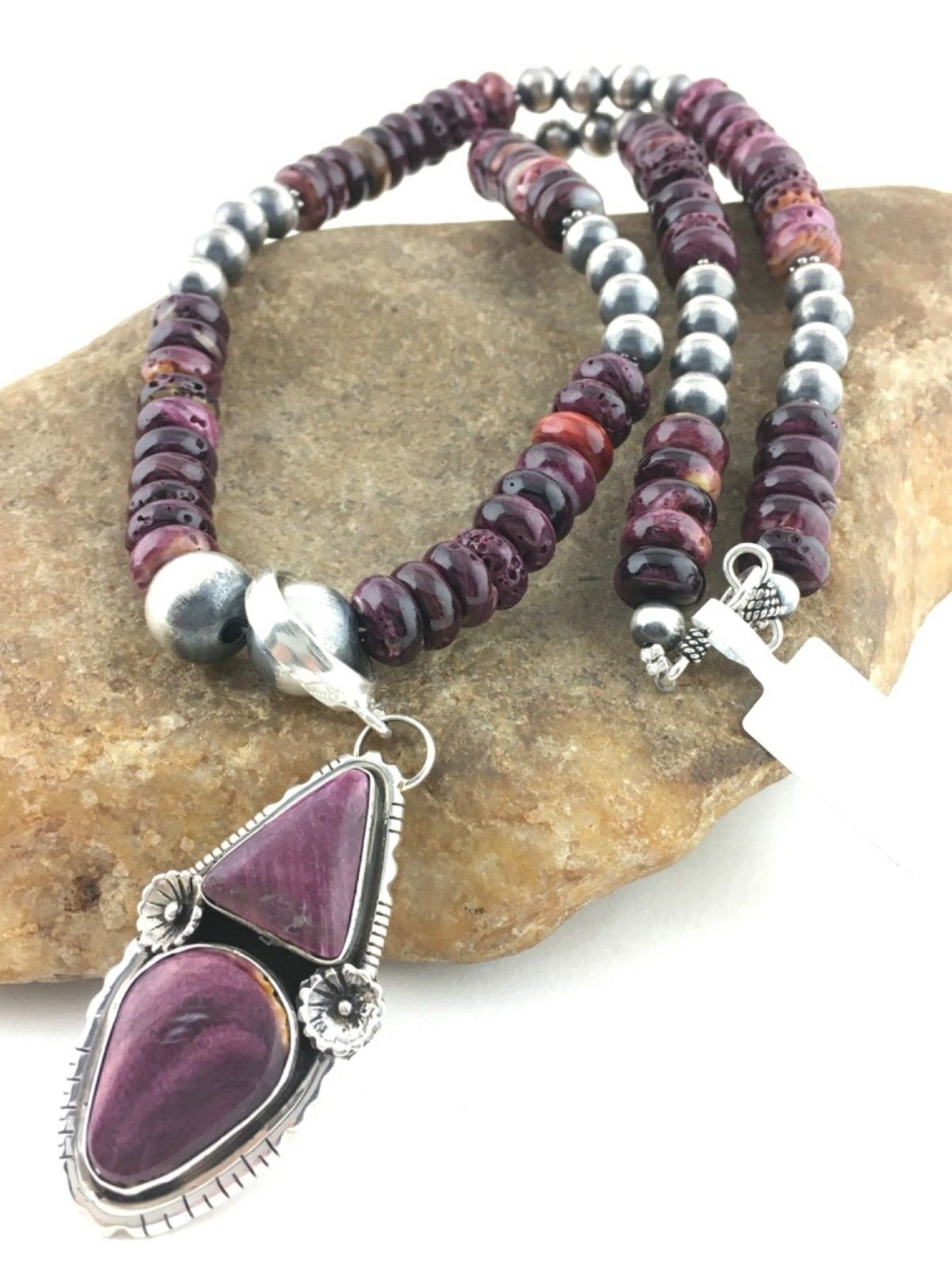 Purple Spiny Oyster Pendant Navajo Sterling Silver Beads Necklace 08175