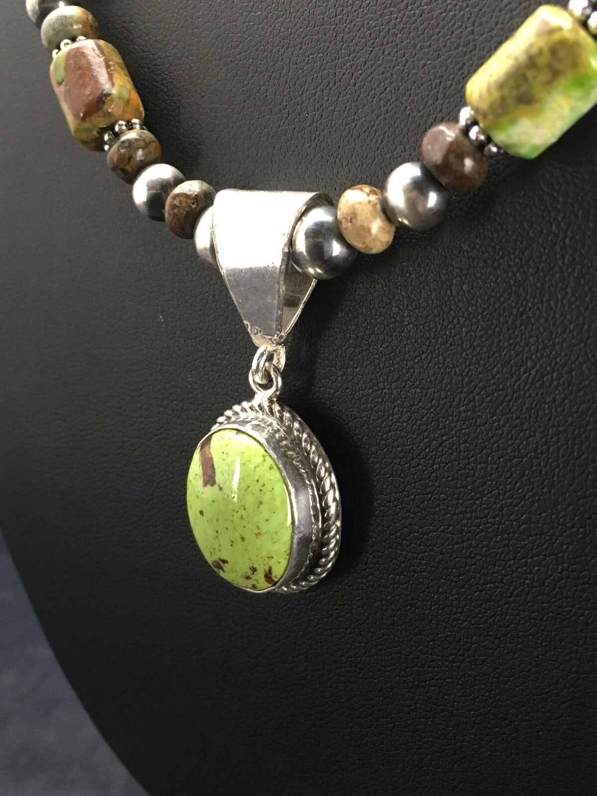 Green Gaspeite Pendant Turquoise Navajo Sterling Silver Necklace 22" 2818