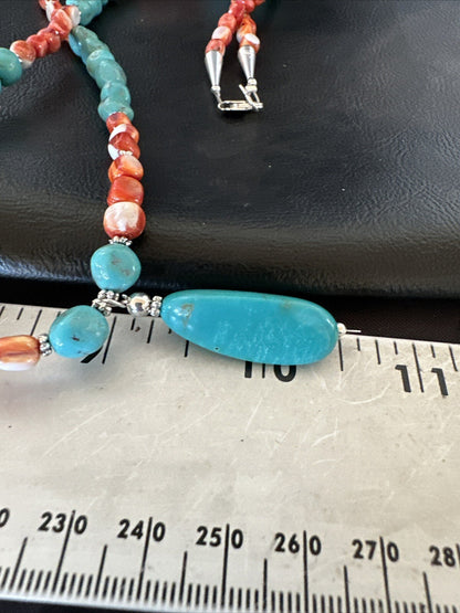 Red Spiny Oyster Blue Turquoise Navajo Sterling Silver Necklace 17954