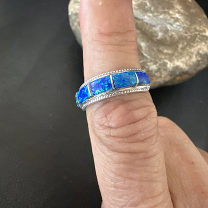 Blue Opal Navajo Sterling Silver Band Inlay Ring Size 7.5 19724