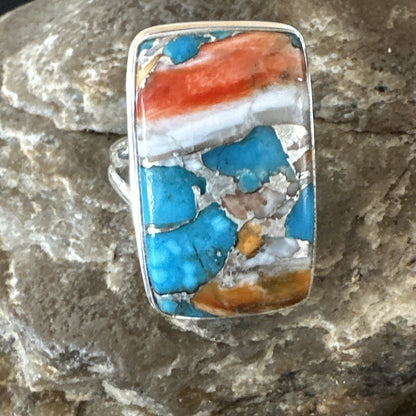 Blue Turquoise Orange Spiny Oyster Navajo Sterling Silver Ring Size 10 18246
