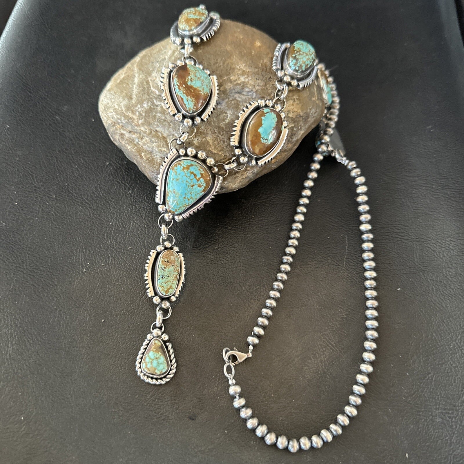 Mens Blue Turquoise #8 Navajo Pearls Sterling Silver Lariat Necklace 28" 18819