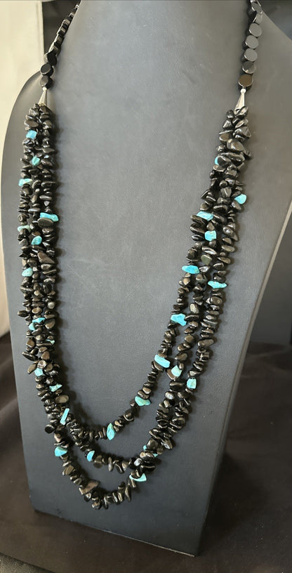 Sterling NAVAJO Black Onyx Blue Turquoise 3S Silver Necklace 30” 19577