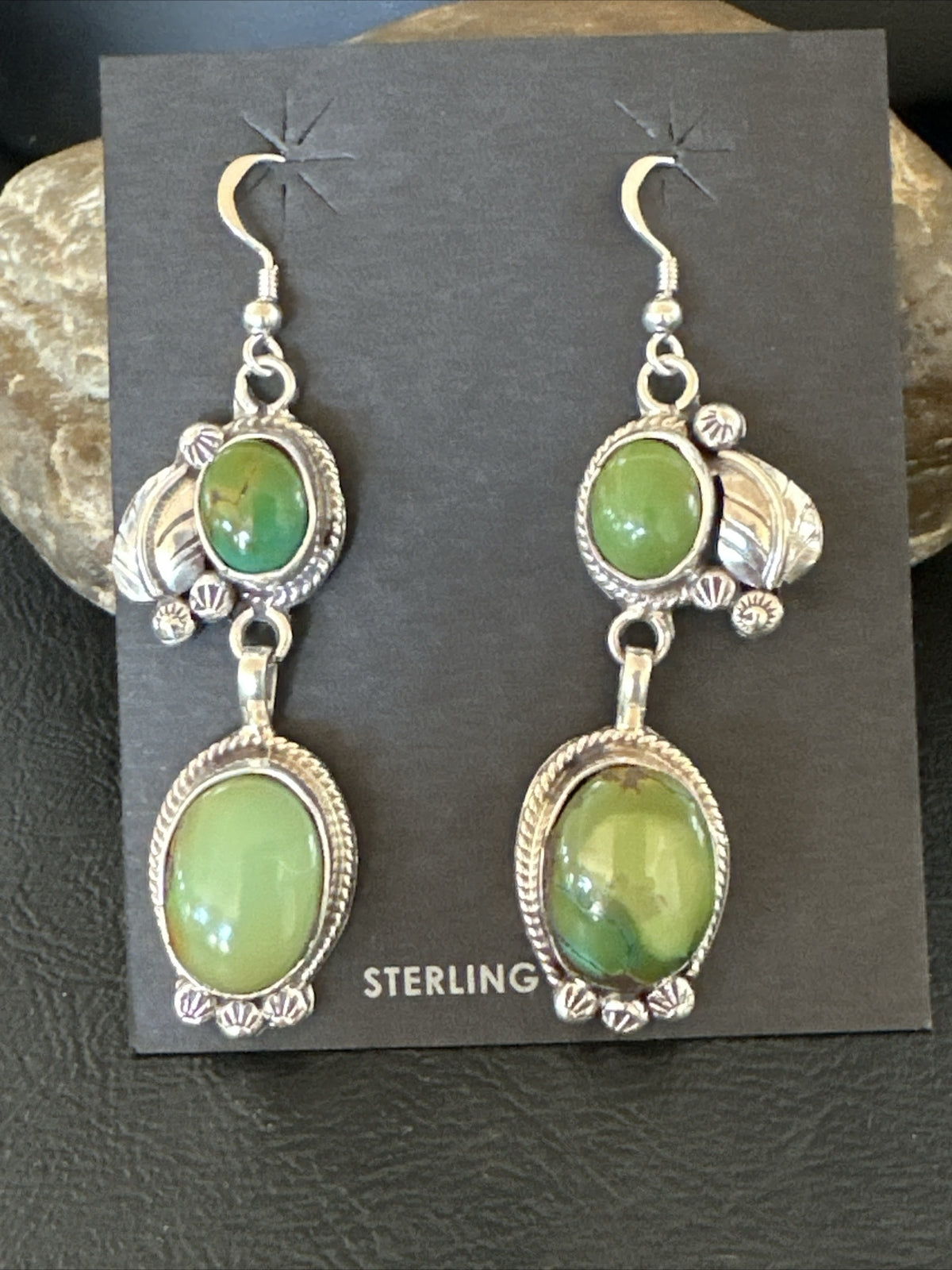 Native Navajo Green Turquoise Sterling Silver Dangle Earrings 2” 17697
