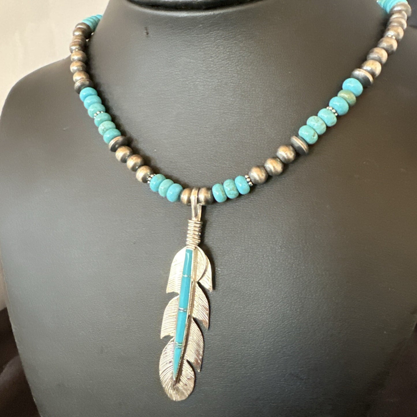 Mens Feather Turquoise Pendant Navajo Sterling Silver Necklace 18668