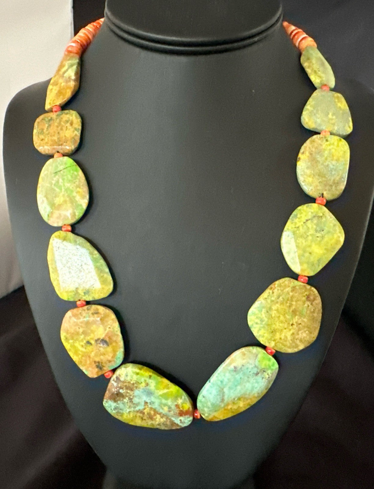 Rare Green Turquoise Orange Spiny Navajo Sterling Silver Necklace 19317