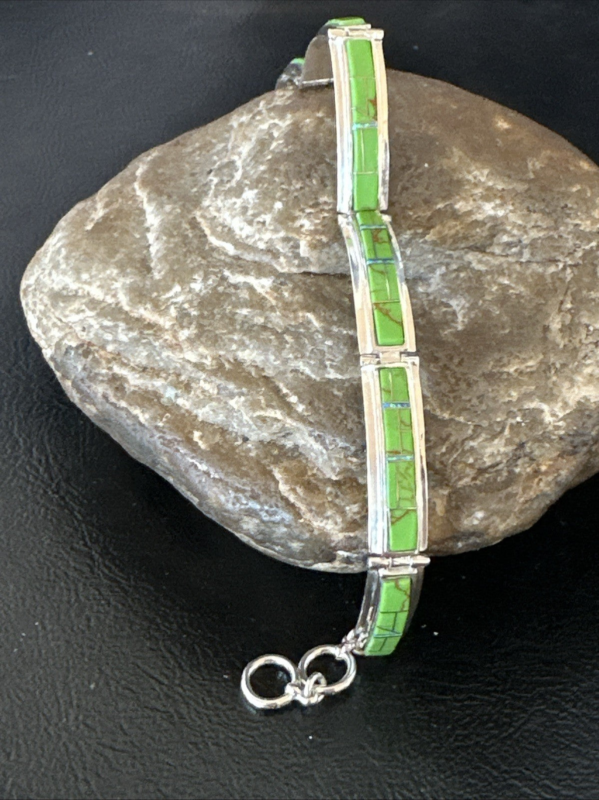Womens Green Gaspeite Inlay Link Bracelet 7.5” Sterling Silver 19152