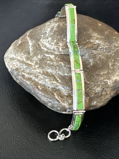 Womens Green Gaspeite Inlay Link Bracelet 7.5” Sterling Silver 19152
