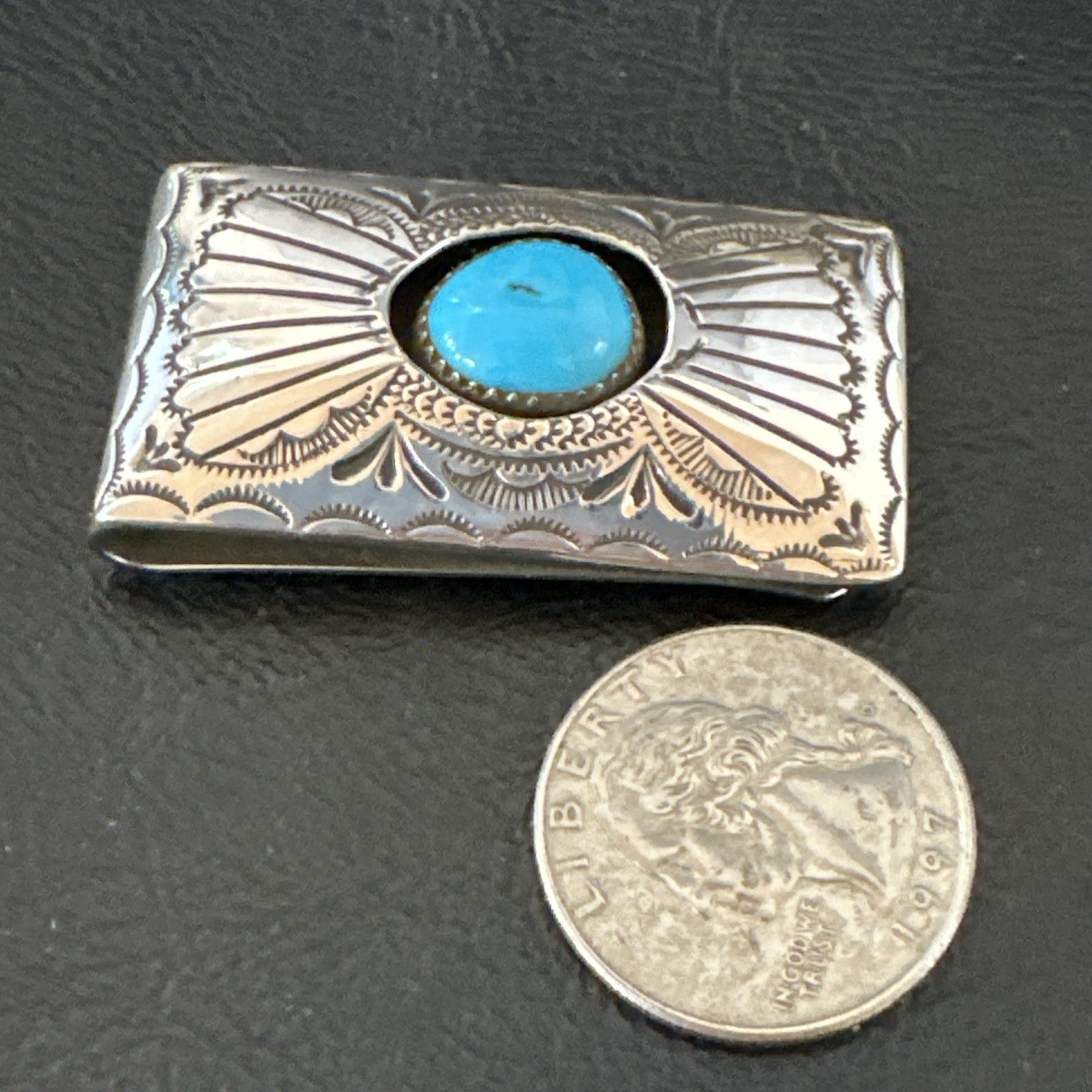 Mens Womens Blue Turquoise Navajo Stainless Stamped Silver Money Clip 19732