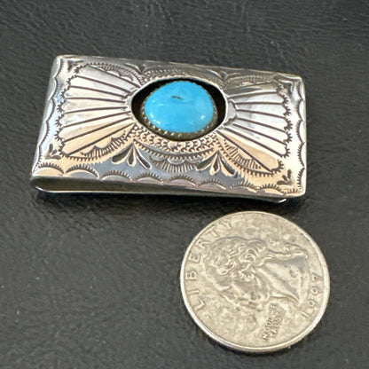 Mens Womens Blue Turquoise Navajo Stainless Stamped Silver Money Clip 19732