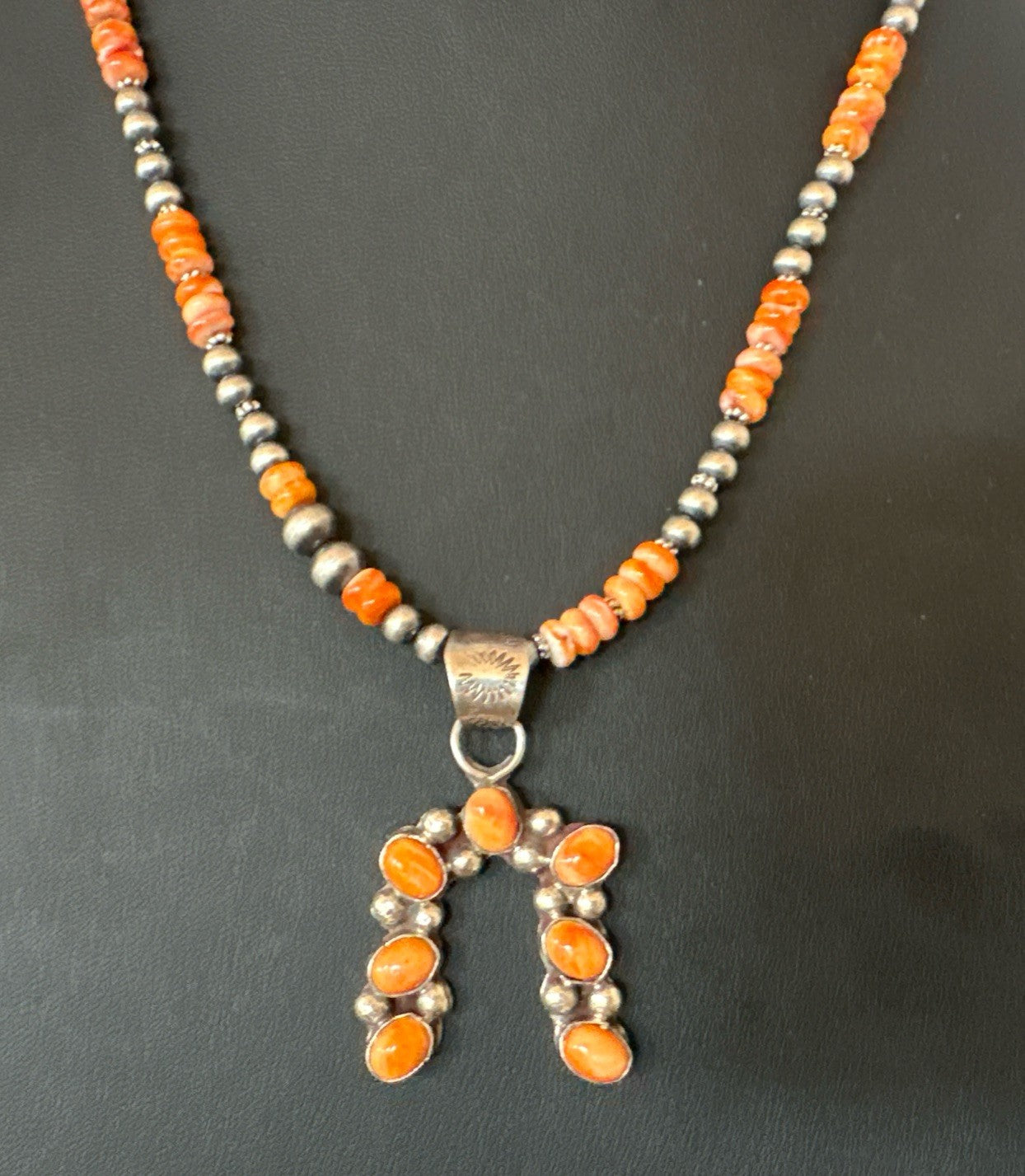 Orange Spiny Oyster Naja Pendant Navajo Pearls Sterling Silver Necklace 19669