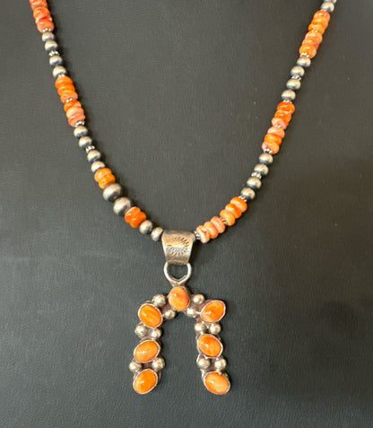 Orange Spiny Oyster Naja Pendant Navajo Pearls Sterling Silver Necklace 19669