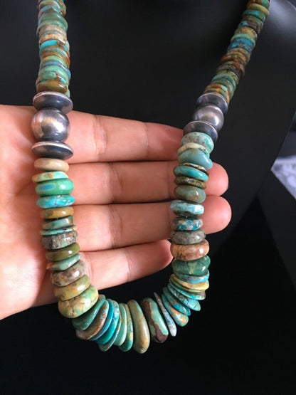 Mens Green Turquoise Graduated Navajo Sterling Silver Necklace 20" 01750