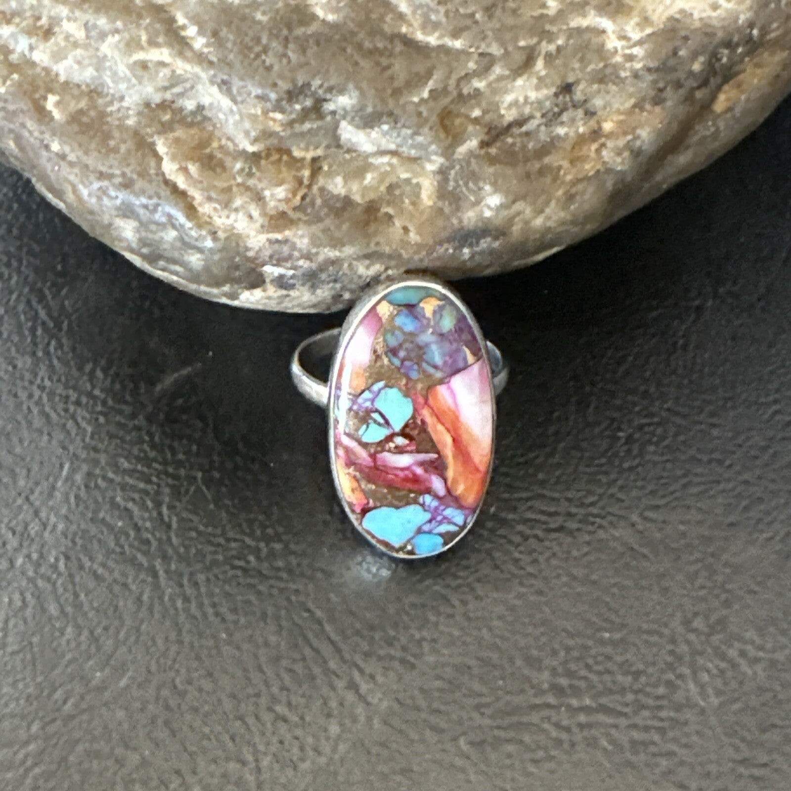 Blue Turquoise Spiny Oyster Southwestern Sterling Silver Ring Size 8 18428