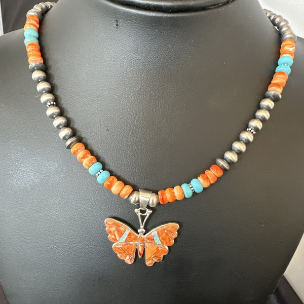 Butterfly Orange Spiny Turquoise Opal Necklace Pendant | Sterling Silver | Authentic Native American Handmade | 18677