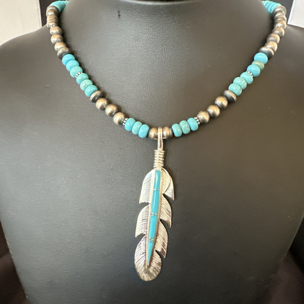 Men's Feather Turquoise Pendant Navajo Necklace | Sterling Silver | Authentic Native American Handmade | 18668