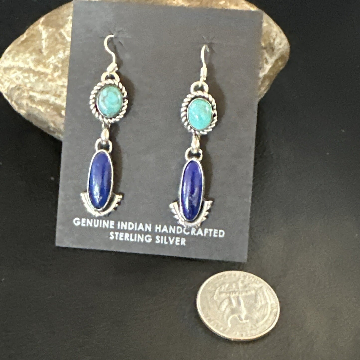 Navajo Turquoise Blue Lapis Sterling Silver Dangle Earrings 18186