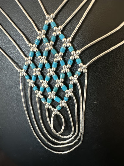 Crisscross Blue Turquoise Heishi Liquid Sterling Silver 5S Necklace 20" 15881