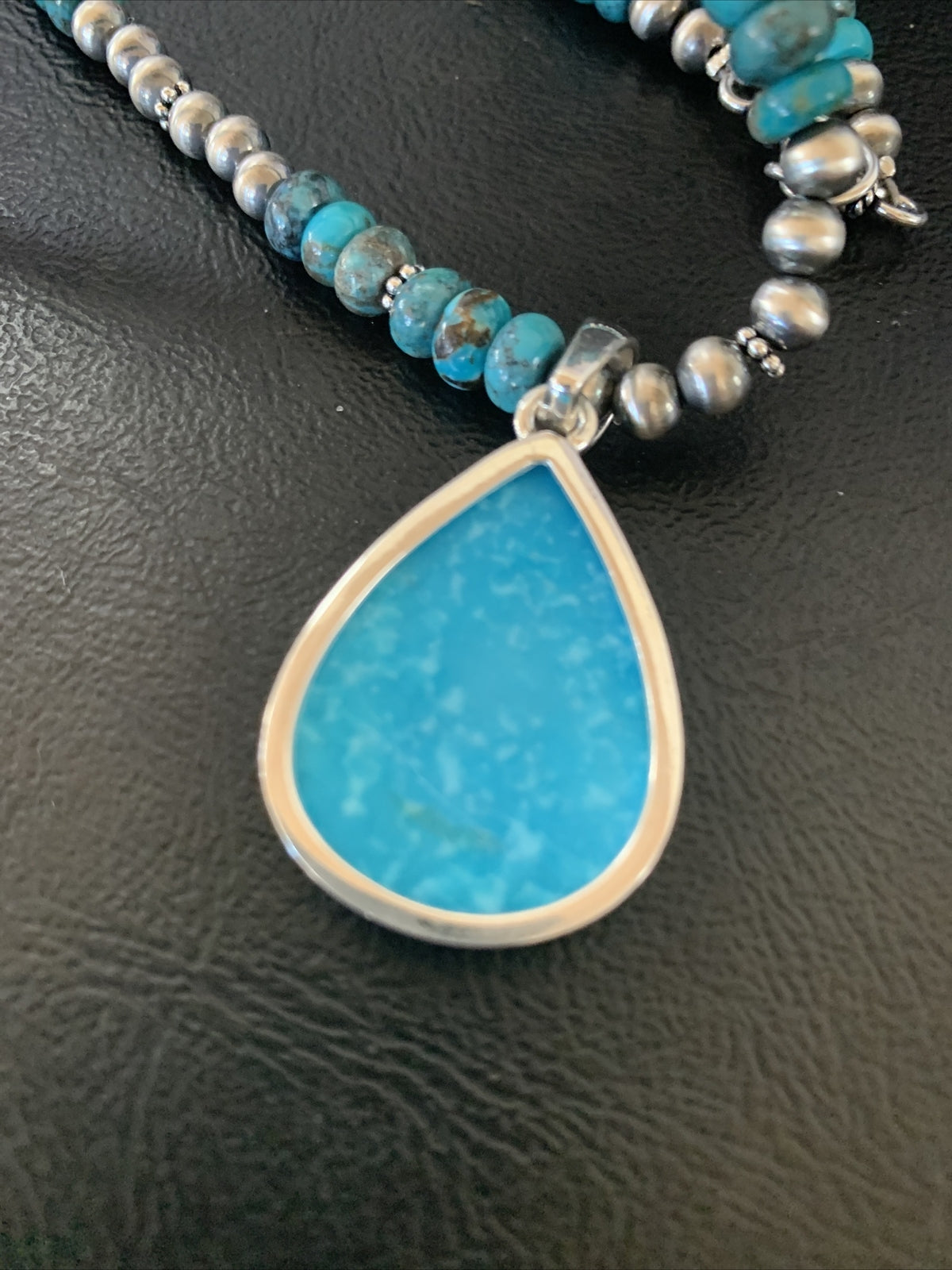 Womens Blue Kingman Turquoise Sterling Silver Beads Necklace Pendant 11692