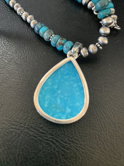 Womens Blue Kingman Turquoise Sterling Silver Beads Necklace Pendant 11692