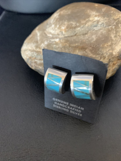 Womens Blue Turquoise Navajo Sterling Silver Stud Inlay Earrings 13107