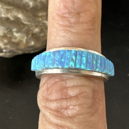 Blue Opal Navajo Sterling Silver Band Inlay Ring Size7 18800