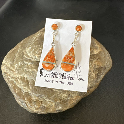 Womens Opal Spiny Oyster Inlay Navajo Sterling Silver Dangle Earrings 19135