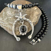 Men's Black Onyx Naja Pendant Navajo Pearls Necklace 23" | Sterling Silver | Authentic Native American Handmade | 17686