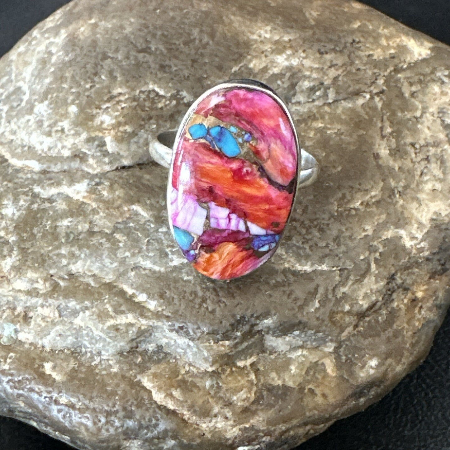Blue Turquoise Spiny Oyster Southwestern Sterling Silver Ring Size 11 18447